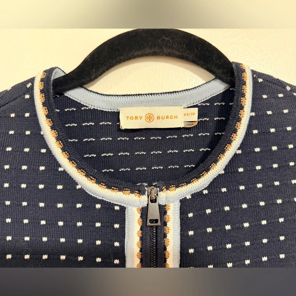 Tory Burch Navy Cardigan Sweater Long Sleeve Zipper Sweater Cotton &Nylon Blend